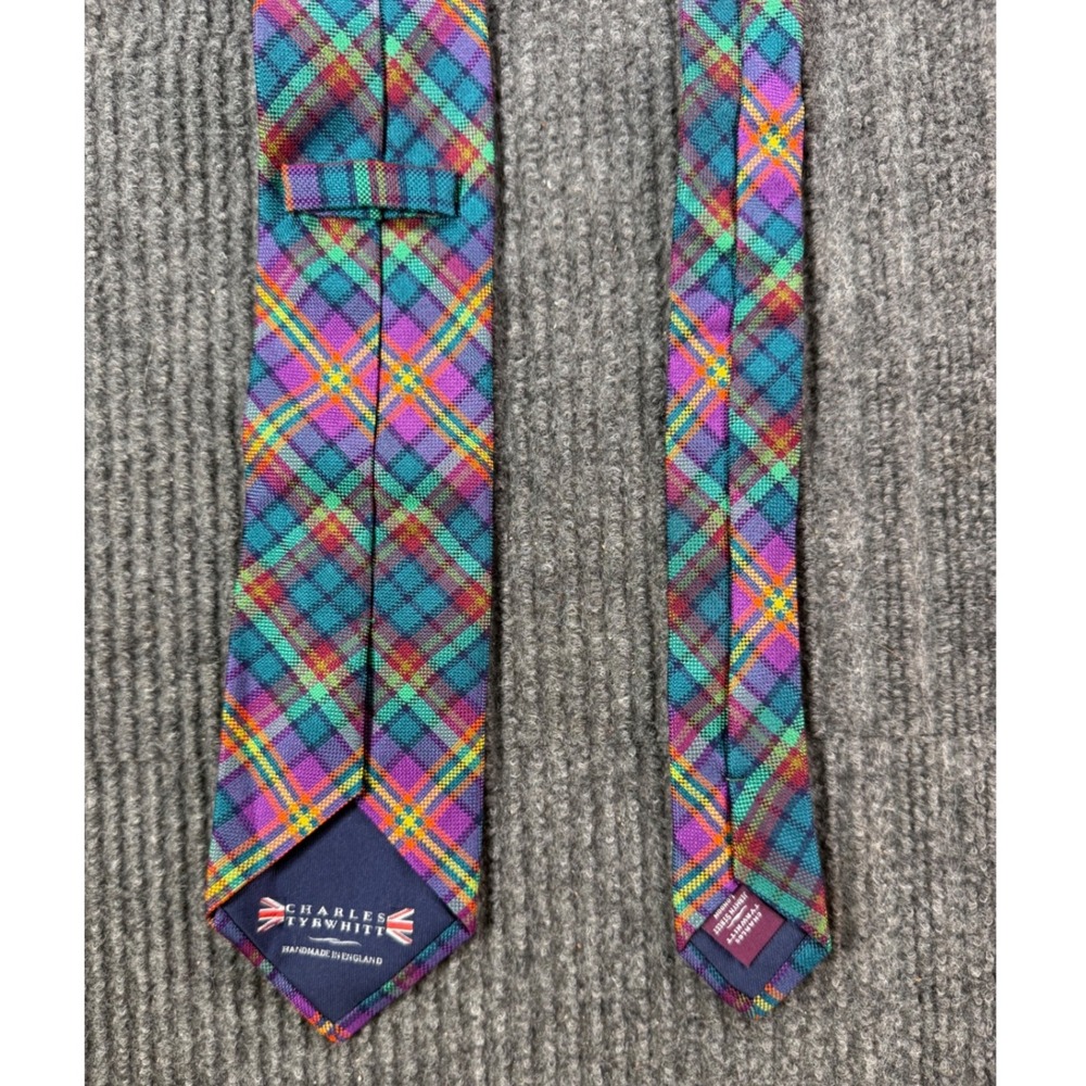 Charles Tyrwhitt Mens Silk Tie Handmade England Plaid Purple Teal Green Orange - Picture 2 of 4